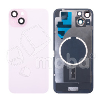 Задняя крышка для iPhone 15 Plus (A3094) в сборе со стеклом камеры Розовый (стекло, монолит, MagSafe, логотип) - Премиум