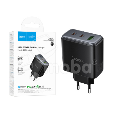 Сетевое зарядное устройство USB/Type-C Hoco C160A (65W, QC3.0, PD, 3 порта) Черный