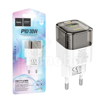 Сетевое зарядное устройство USB/Type-C Hoco C131A (30W, QC3.0, PD, 2 порта, прозрачный корпус) Черный