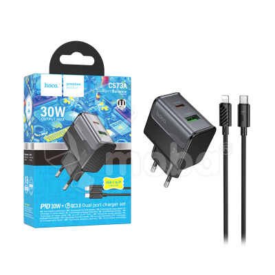 Сетевое зарядное устройство USB/Type-C Hoco CS73A (30W, QC3.0, PD, 2 порта, кабель Type-C-Lightning) Черный