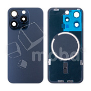 Задняя крышка для iPhone 15 Pro (A3102) в сборе со стеклом камеры Синий (стекло, монолит, MagSafe, логотип) - Премиум
