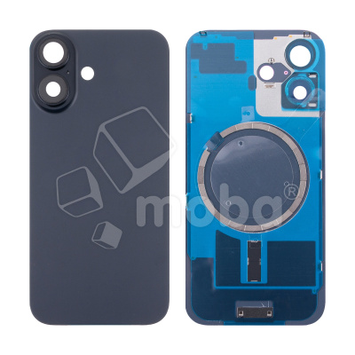 Задняя крышка для iPhone 16 (A3287) в сборе со стеклом камеры Черный (стекло, монолит, MagSafe, логотип) - Премиум